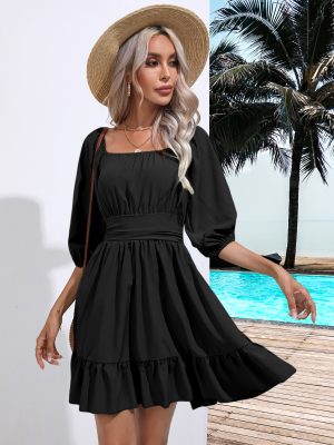 Popular Ruffled Square Collar Lace Dress