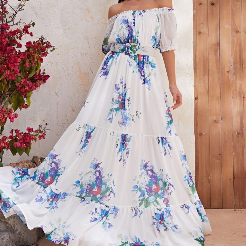 Floral Short Sleeve Chiffon Maxi Dress