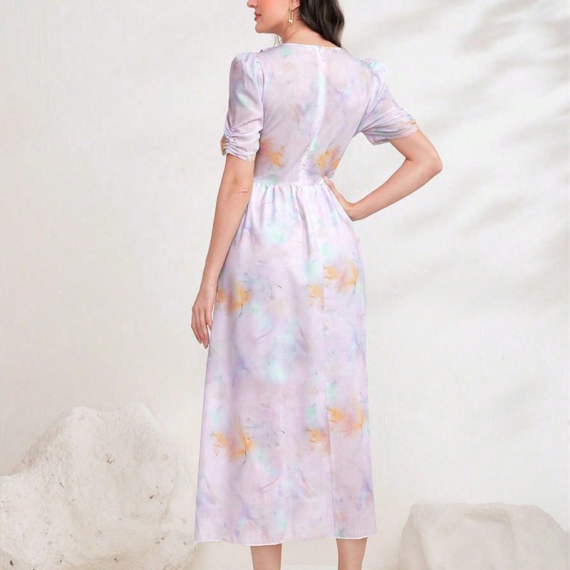 Digital Floral Printed V-Neck Short Sleeve Dress - Image 2