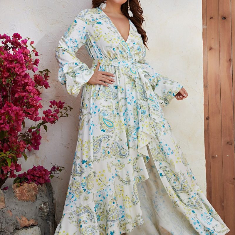 Plus Size Chiffon V-Neck Long Sleeve Maxi Dress: Split Print Casual Maxi Dress for Women - Image 5