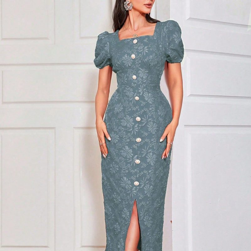 U Neck Puff Sleeve Printed French Dress