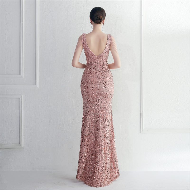 Velvet Bottom Sequin Handmade Beaded Sleeveless V Neck Long Evening Dress - Image 3