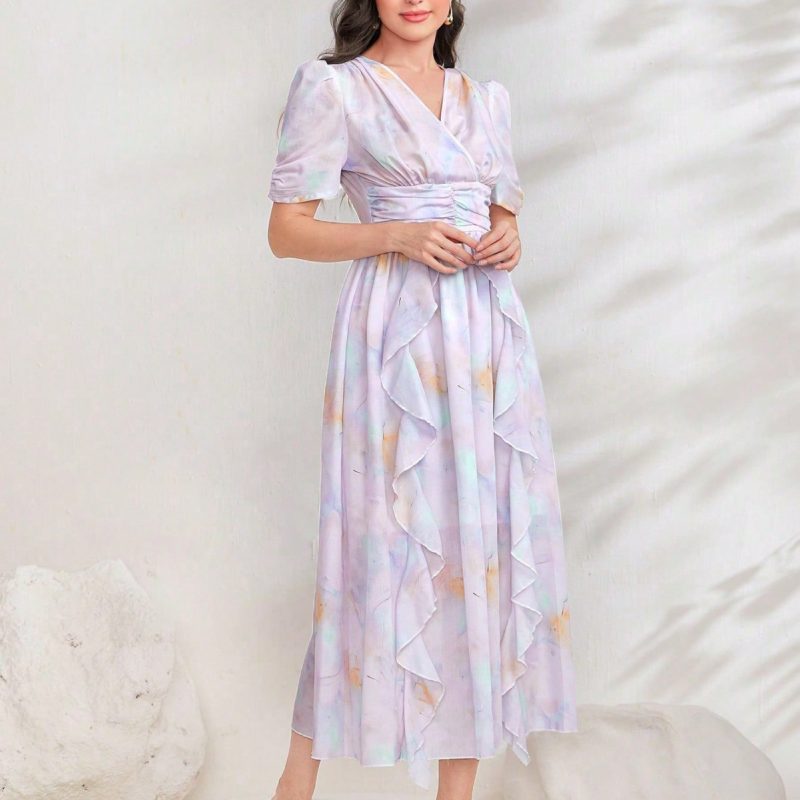 Digital Floral Printed V-Neck Short Sleeve Dress - Image 4