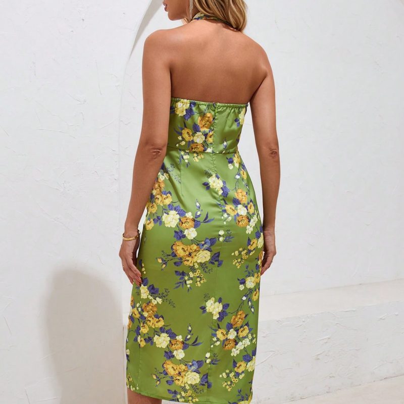 Spring Floral Halterneck Slit Dress with Suspenders - Image 2