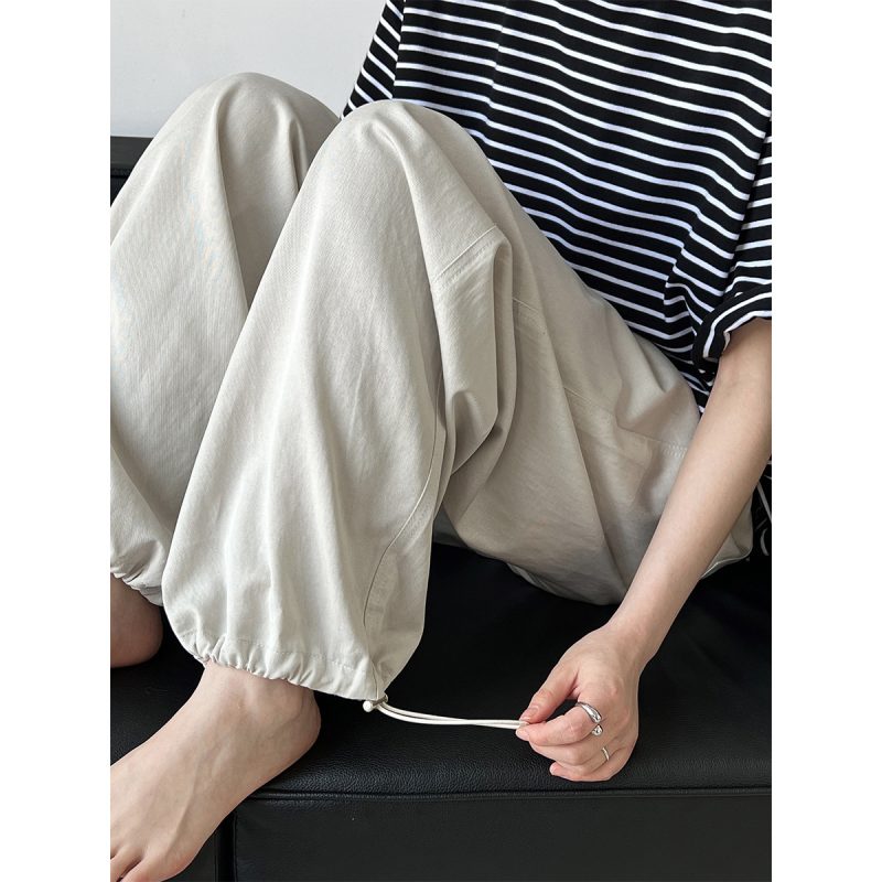 Retro Tencel Cotton Drawstring Elastic Waist Loose Cargo Pants - Image 4