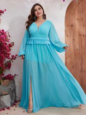 Chiffon V-Neck Long Sleeve Slimming Dress: Plus Size Spring/Summer Dress