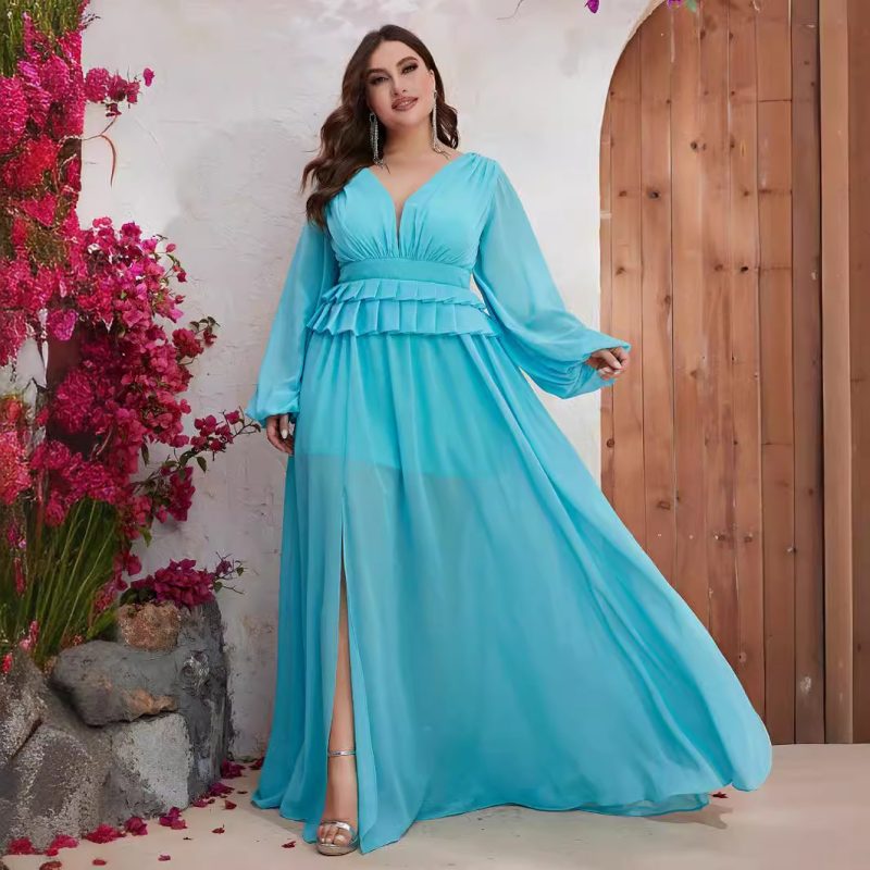 Chiffon V-Neck Long Sleeve Slimming Dress: Plus Size Spring/Summer Dress