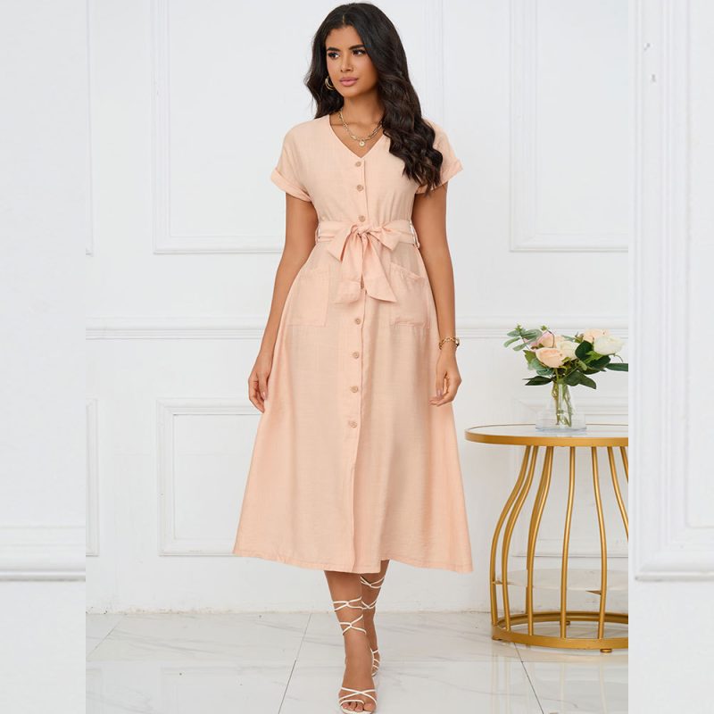 Solid Color Maxi Dress with Pocket, Short Sleeve, V-Neck, Single-Breasted - Image 2