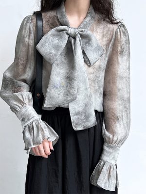 Autumn Niche Design: Ink Printing Lace-Up Shirt with Bow Flare Sleeves for Women