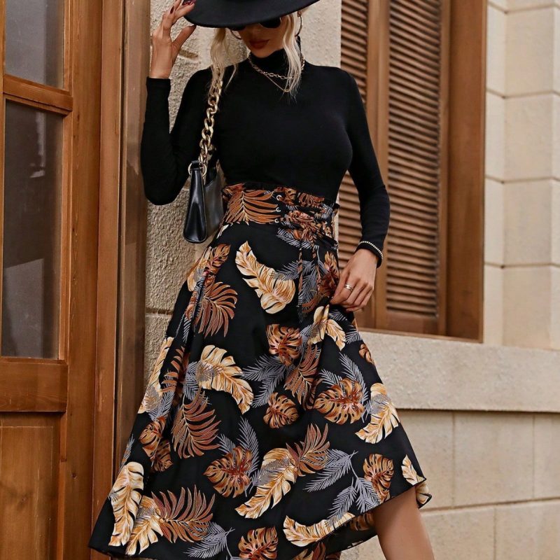 Spring Leaf Printed Waist-Control A-Line Skirt
