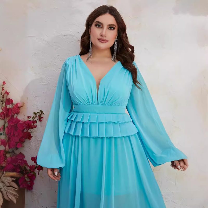 Chiffon V-Neck Long Sleeve Slimming Dress: Plus Size Spring/Summer Dress - Image 3