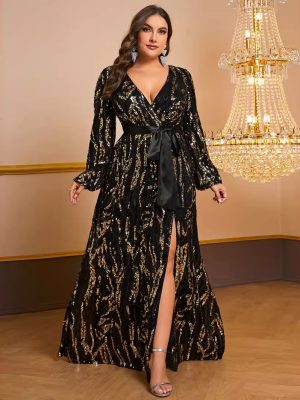 Plus Size Sequined Cross V-Neck Long Sleeve Prom Party Dress with Belt for Women