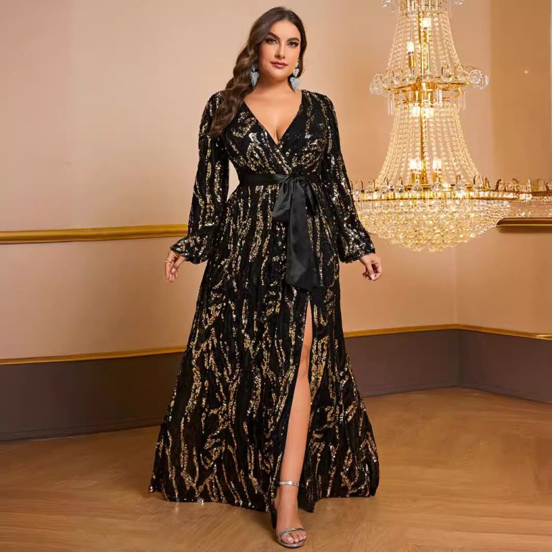 Plus Size Sequined Cross V-Neck Long Sleeve Prom Party Dress with Belt for Women