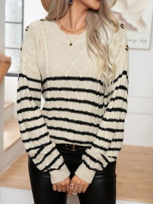 Striped Button Twisted Long Sleeve Pullover