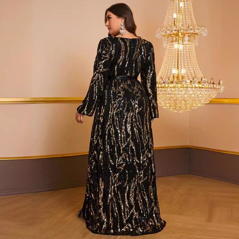Plus Size Sequined Cross V-Neck Long Sleeve Prom Party Dress with Belt for Women - Image 2