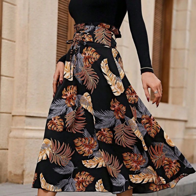 Spring Leaf Printed Waist-Control A-Line Skirt - Image 3