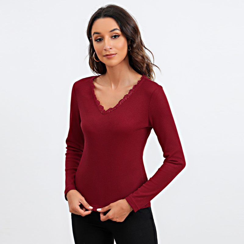 Spring Slim Fit V-Neck Long Sleeve Undershirt: Women's Clothing - Image 3