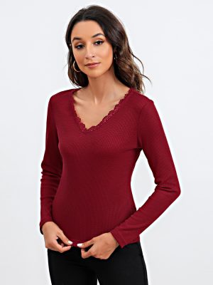 Spring Slim Fit V-Neck Long Sleeve Undershirt: Women’s Clothing