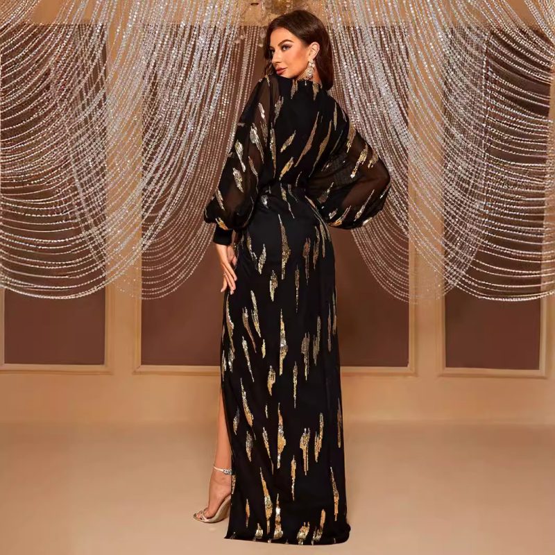 Lantern Sleeve Sequined Evening Dress: V-Neck Elegant Light Luxury Dress for Women - Image 2