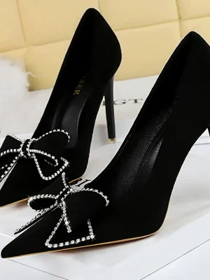 Rhinestone Bowknot Suede High Heels