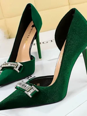 Suede Rhinestone Pointed High Heels