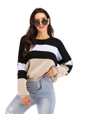 Retro Stripe Splicing Long Sleeved Top