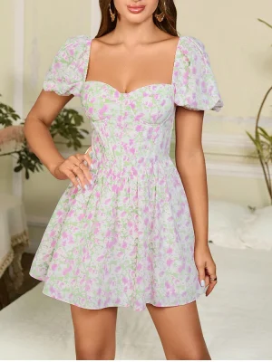 Puff Sleeves Print Chiffon Mini Dress