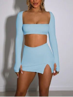 Blue Matching Long Sleeves Skirt 2 Piece Sets