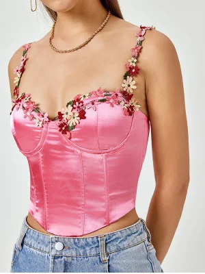 Sleeveless Flower Detail Satin Cami Crop Top