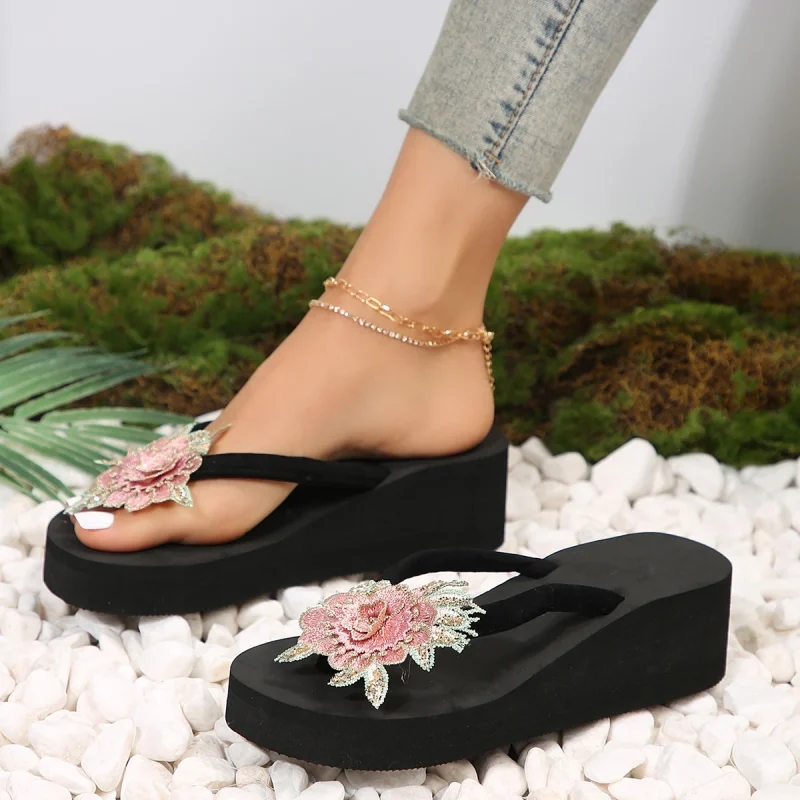 Embroidery Floral Wedge Heels Flip Flops - Image 7