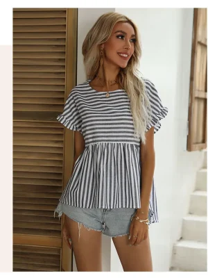 Short Sleeve Round Neck Stripe Printed Loose T-shirt