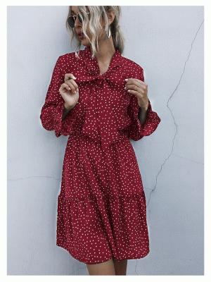 Green Vintage Bow Polka Dot Casual Long Sleeve Dress