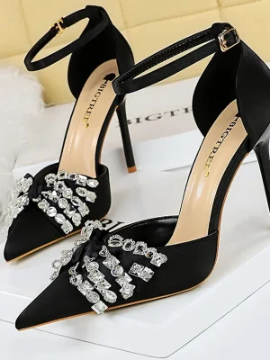 Rhinestone Bow Silk Satin Stilettos Heels