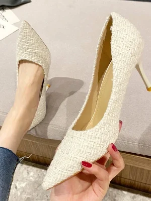 Tweed Cloth Pointed Toe Pumps