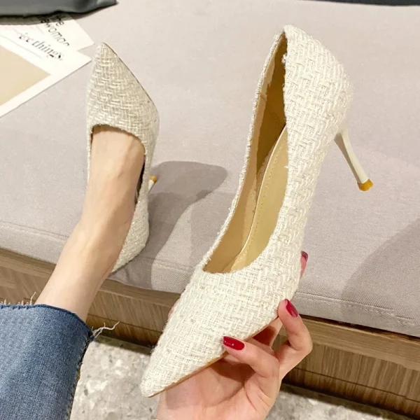 Tweed Cloth Pointed Toe Pumps