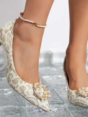 White Lace Flower Embroidery High Heels Pumps