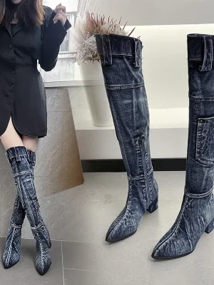 Denim Knee-High Boots with Zipper and Heels