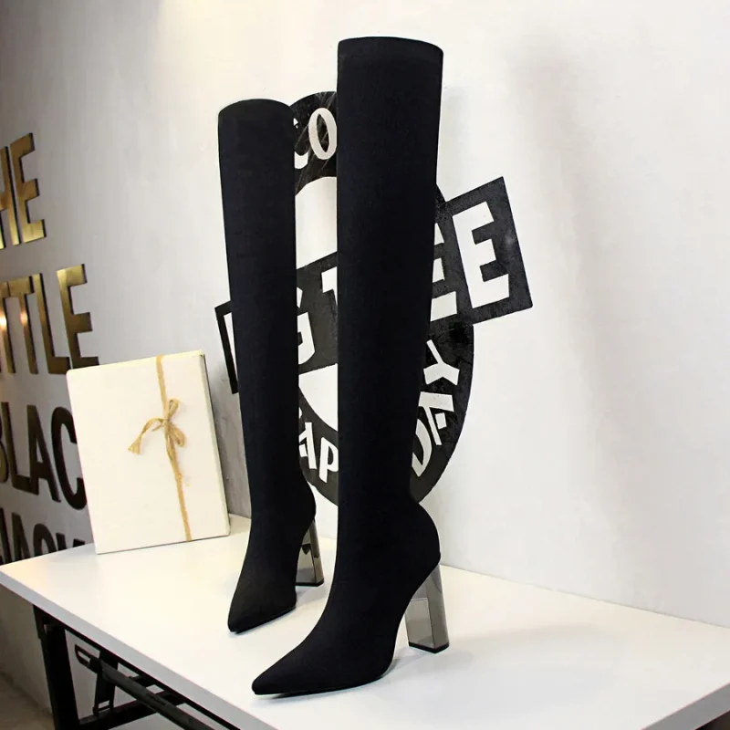 Square Metal Knee High Boots