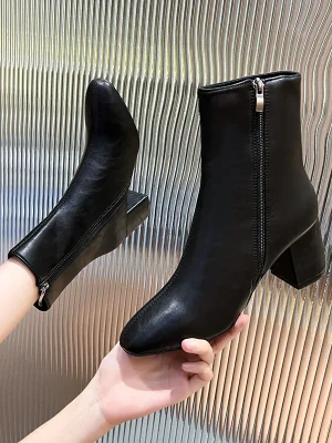 Eco-Friendly Square Toe PU Leather Ankle Boots