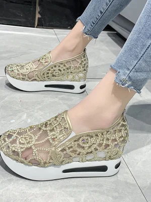 Eco-Friendly Sequin Mesh Platform Wedge Sneakers