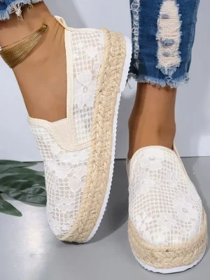 Eco-Friendly Oriental Flax Mesh Loafers with Faux Pearls