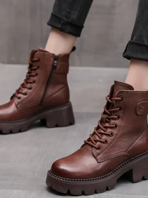 Eco-Friendly Leather Round Toe Zip-Up Platform Boots