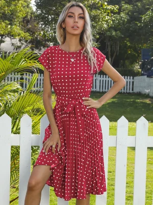 Short Sleeve Polka Dot Print Midi Dress