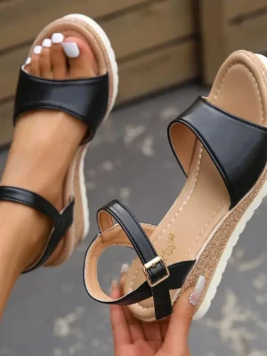 Patchwork Platform Ankle Buckle Wedge Sandals