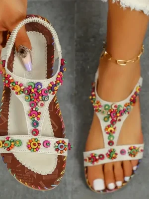 Beaded Flowers Flat Heeled Sandals