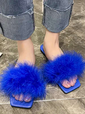 Flat Fur Square Toe Fluffy Slippers