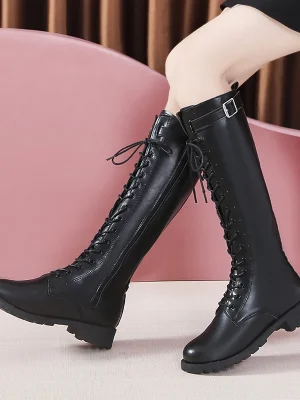 Lace Up Low Heels Long Boots