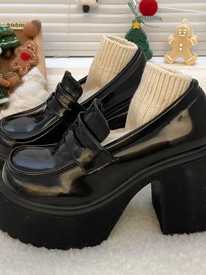 Pu Leather Gothic Black Chunky High Heels