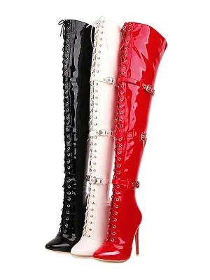 Patent Leather Cross Tied Thigh High Boots