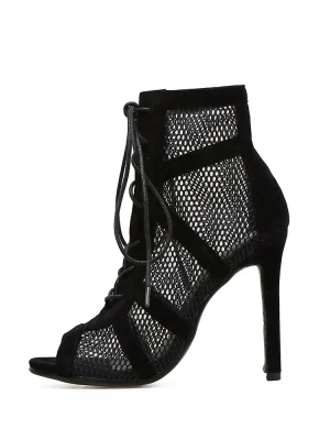 Eco-Friendly Black Net Suede Lace-Up High Heel Sandals